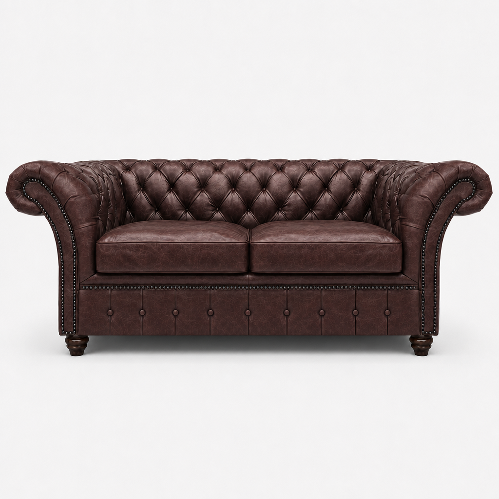 Brown leather sofa with tufted backrest on a white background