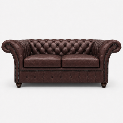 Brown leather sofa with tufted backrest on a white background
