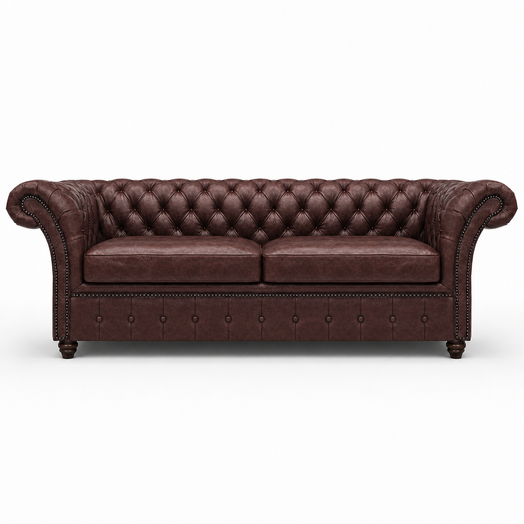 Brown leather sofa with tufted backrest on a white background