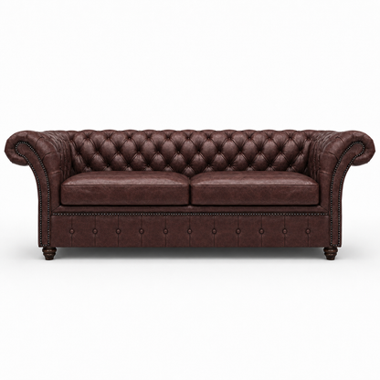 Brown leather sofa with tufted backrest on a white background