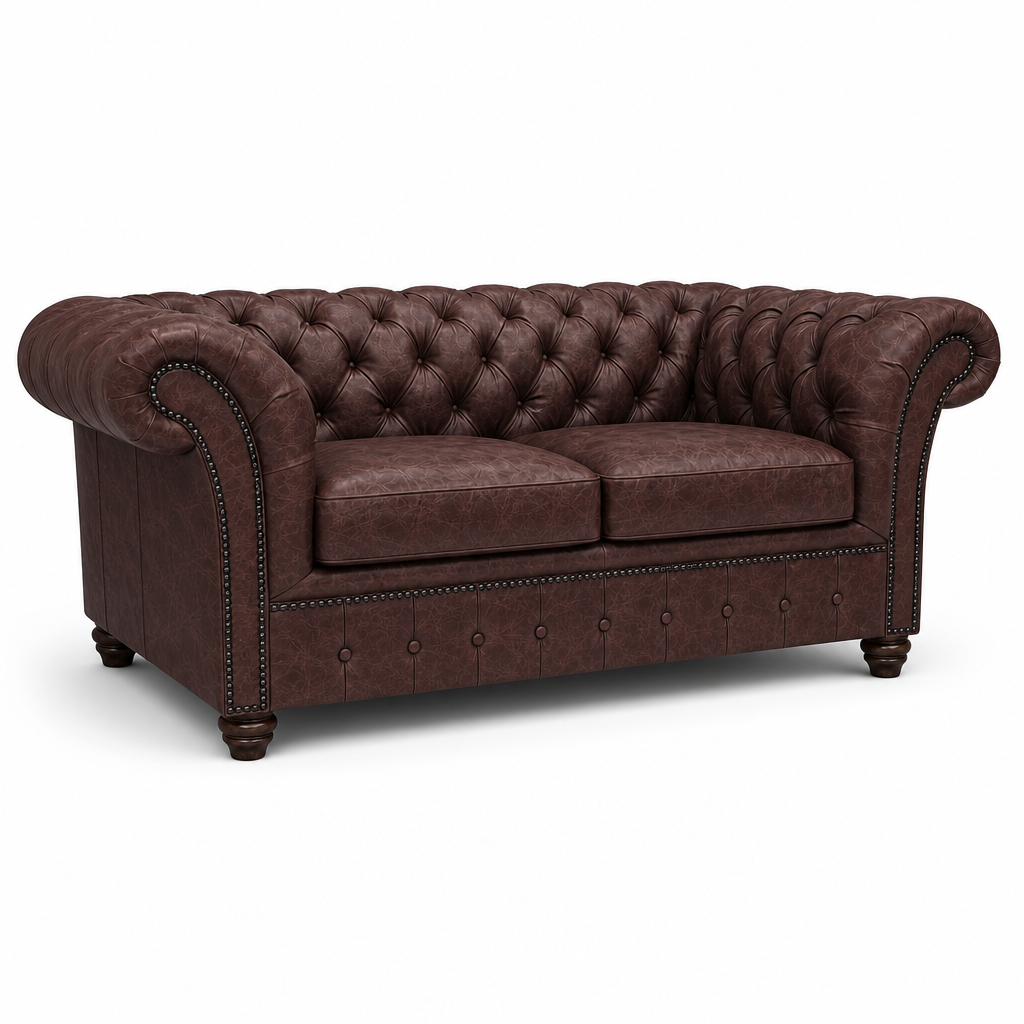 Brown leather sofa with tufted backrest on a white background