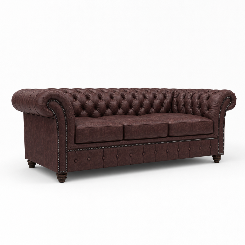 Brown leather sofa with tufted backrest on a white background