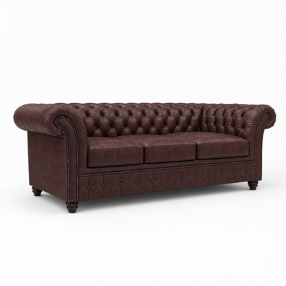 Brown leather sofa with tufted backrest on a white background