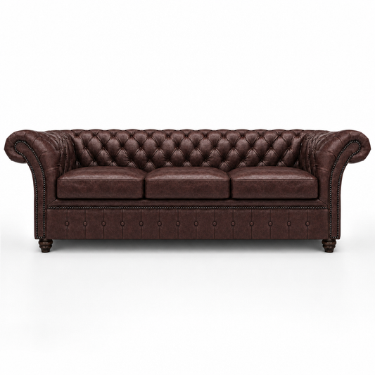 Brown leather sofa with tufted backrest on a white background