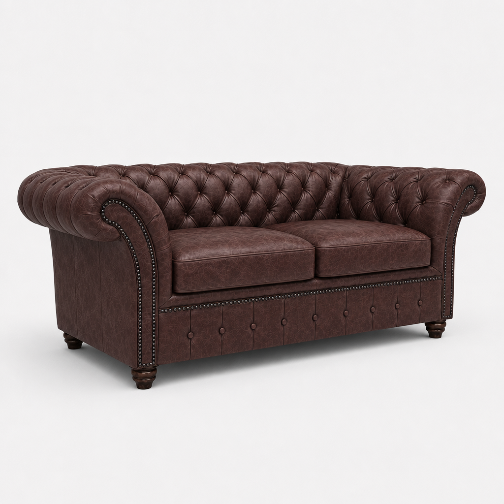 Brown leather sofa with tufted backrest on a white background
