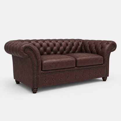Brown leather sofa with tufted backrest on a white background