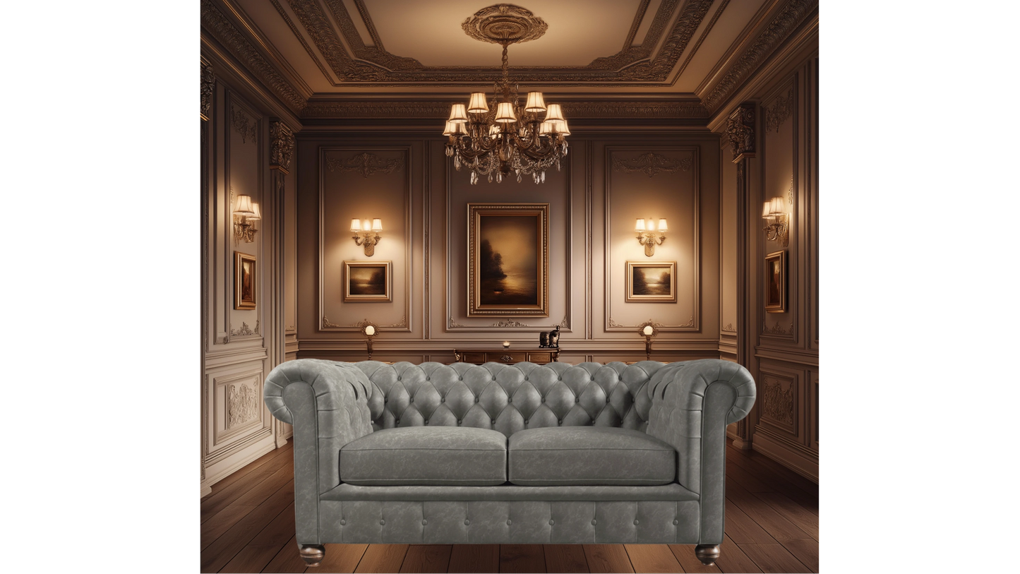 Charlotte Ashen Grey Two Seater Chesterfield Genuine Italian Leather Sofa
