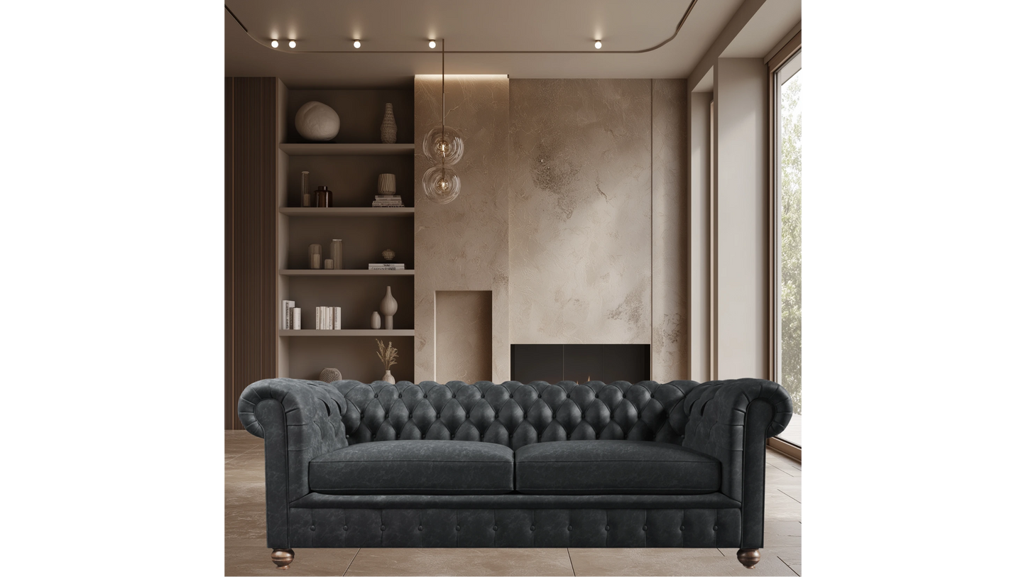 Charlotte Leaden Slate Four Seater Chesterfield Genuine Italian Leather Sofa