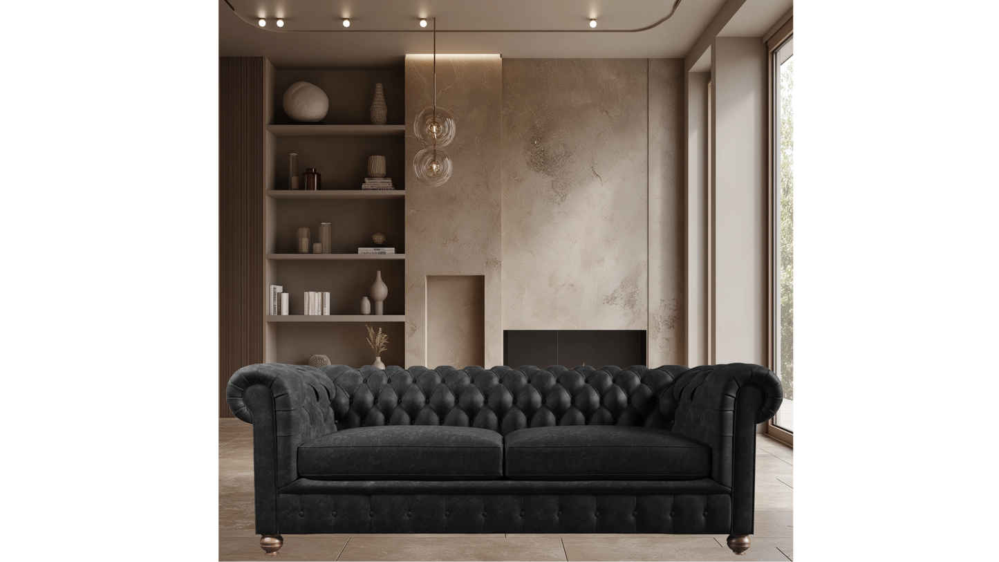 Elizabeth Black Obsidian Four Seater Chesterfield Vintage Leather Sofa