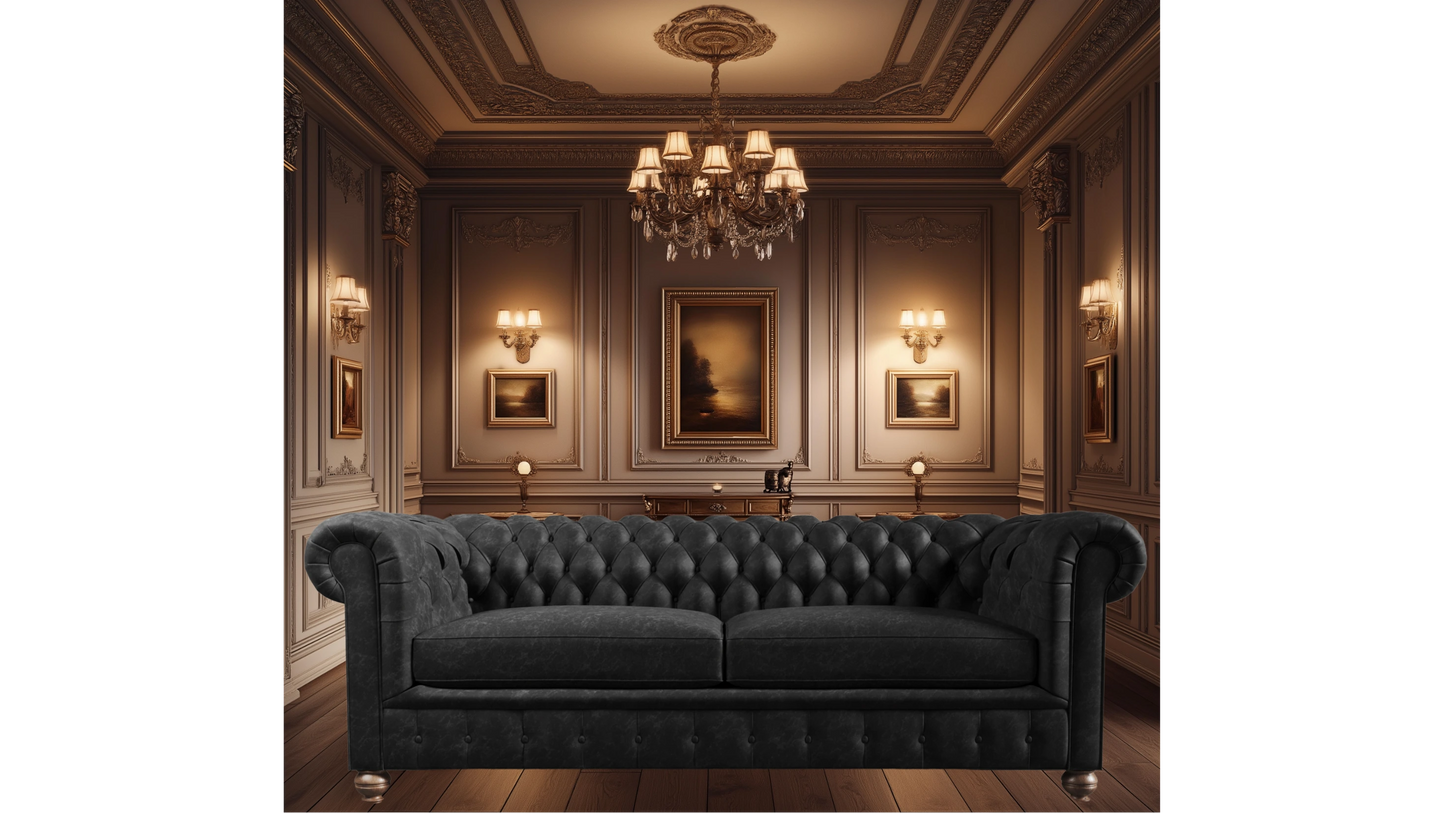 Elizabeth Black Obsidian Four Seater Chesterfield Vintage Leather Sofa
