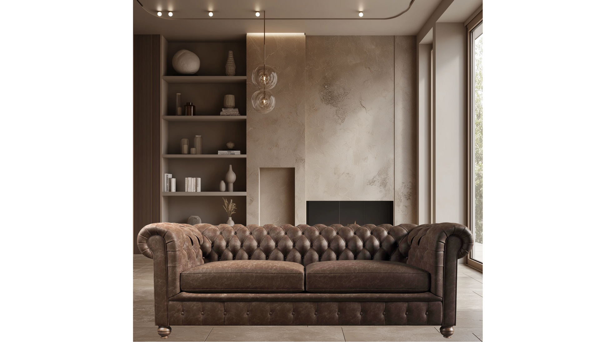 Medium Warm Brown Sepia Four-Seater Chesterfield