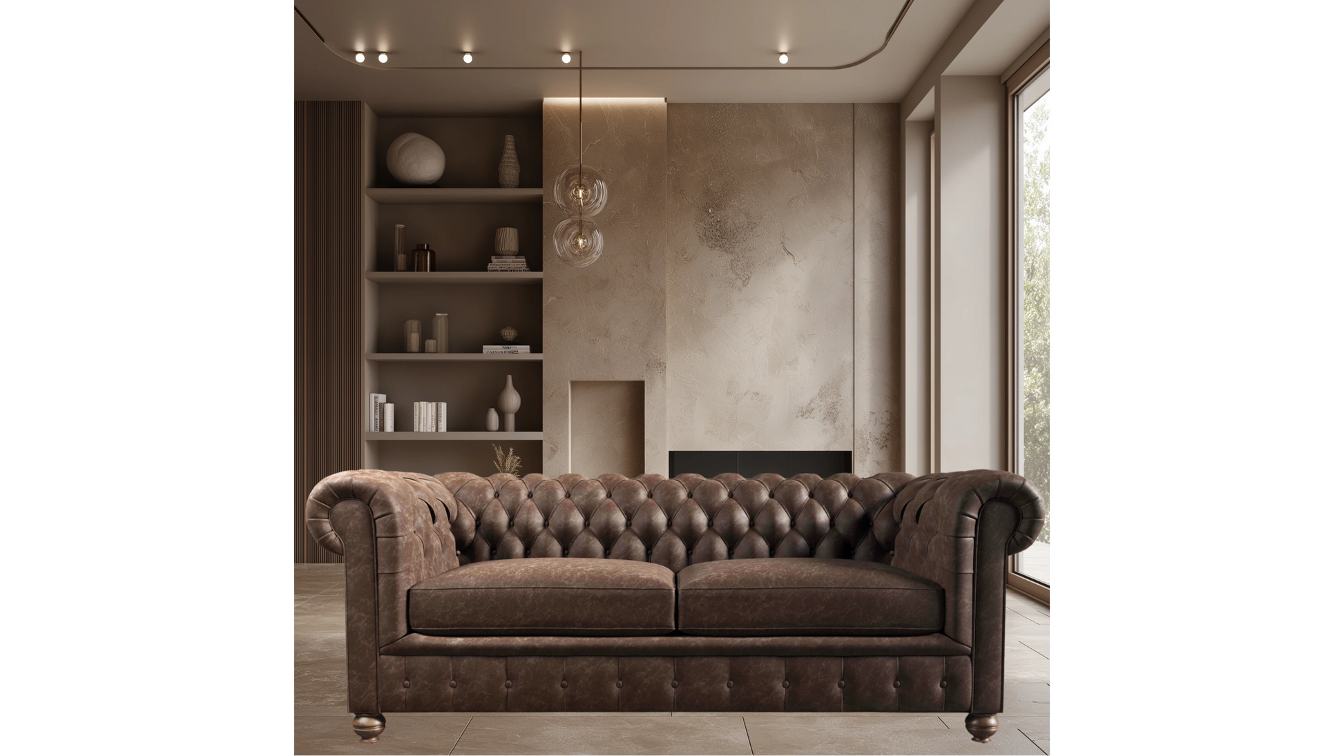 Medium Warm Brown Sepia Three-Seater Chesterfield